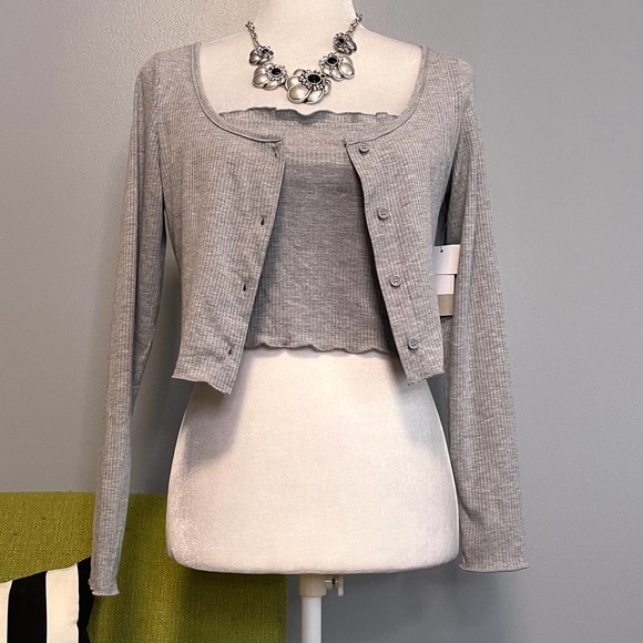 BP Grey Ribbed Crop Top Twin Set Tank & Long Sleeve Button Up NEW XS - Picture 1 of 6